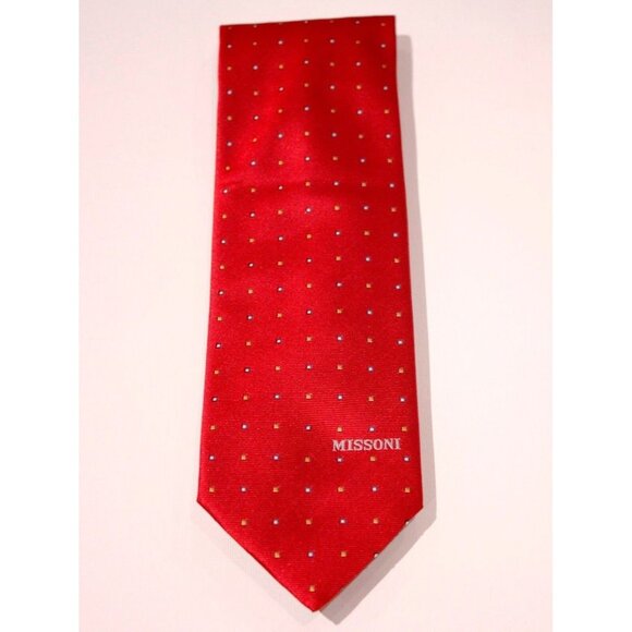 MISSONI ITALY Red Dotted Print DRESS TIE Cravatte 100% SILK Logo BRANDED - Picture 1 of 2